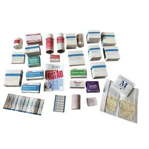 Vintage 1996 First Aid Kit Emergency Medical Supplies Bandages Gloves Manual EXP